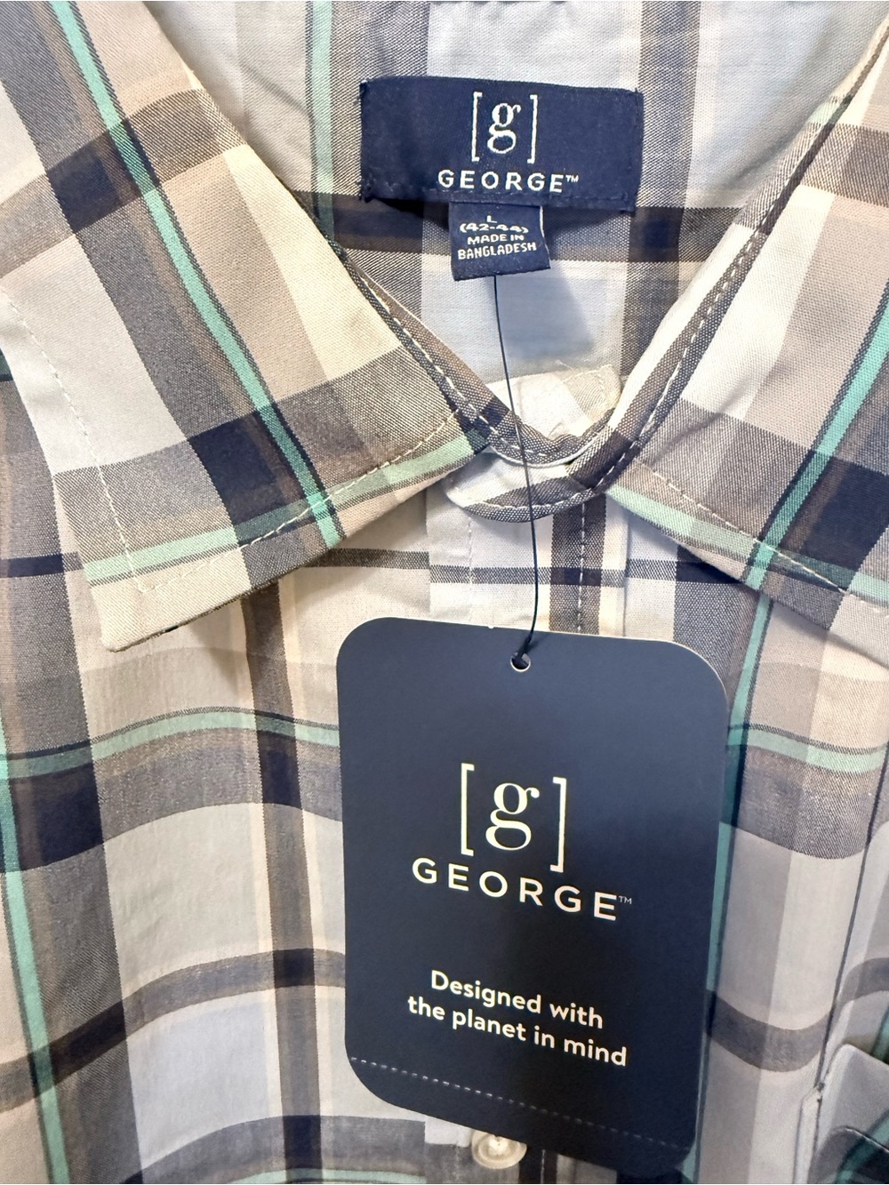 George Cotton Blend Blue Plaid Short Sleeve Commuter Shirt Size Large - Picture 2 of 5